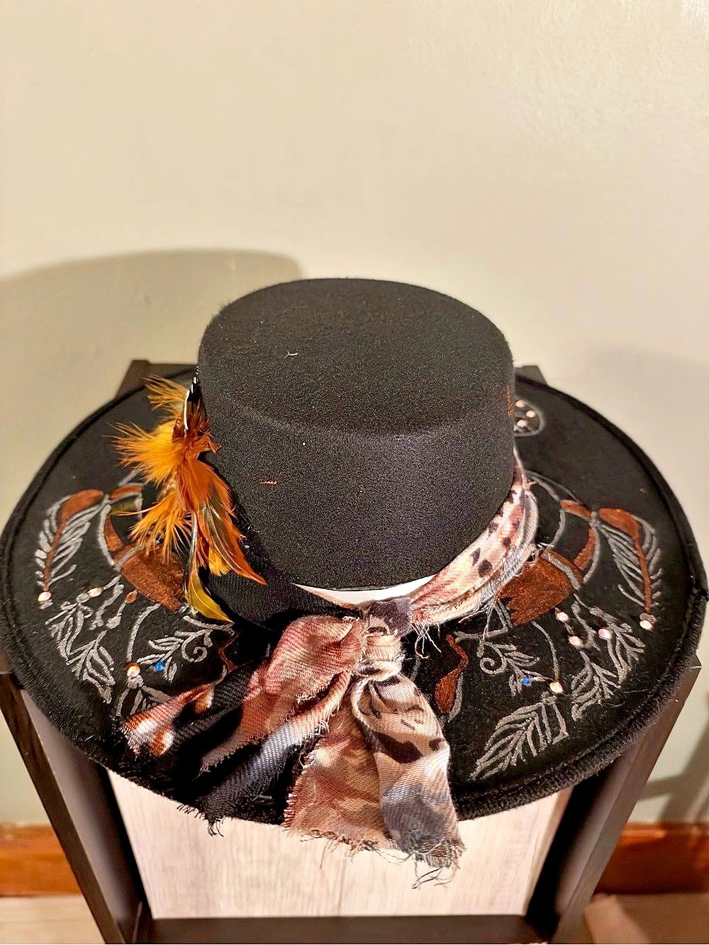 Custom Black Western Cowboy Hat Steer Skull Feathers Rhinestone Stay Wild - Picture 3 of 6